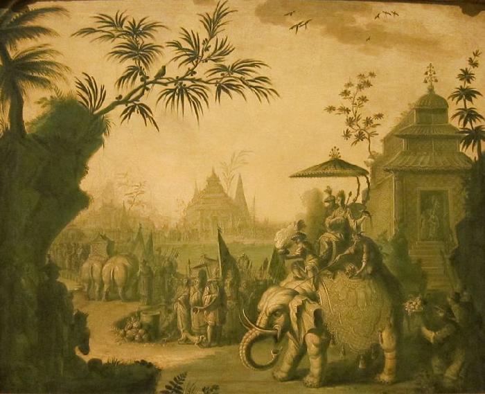 Jean-Baptiste Pillement A Chinoiserie Procession of Figures Riding on Elephants with Temples Beyond oil painting image